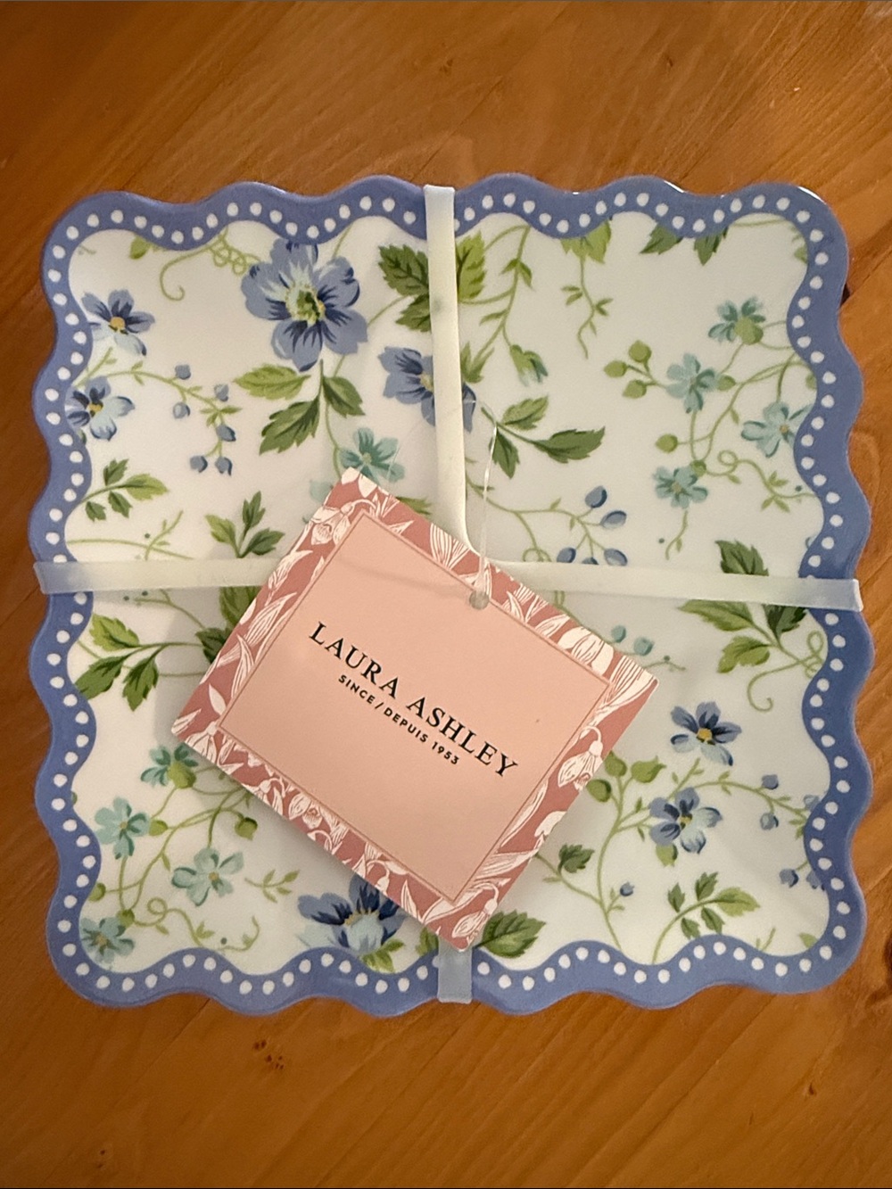 NWT Laura Ashley Set-of-4 Appetizer Plates, 6.5” square, fluted, floral design